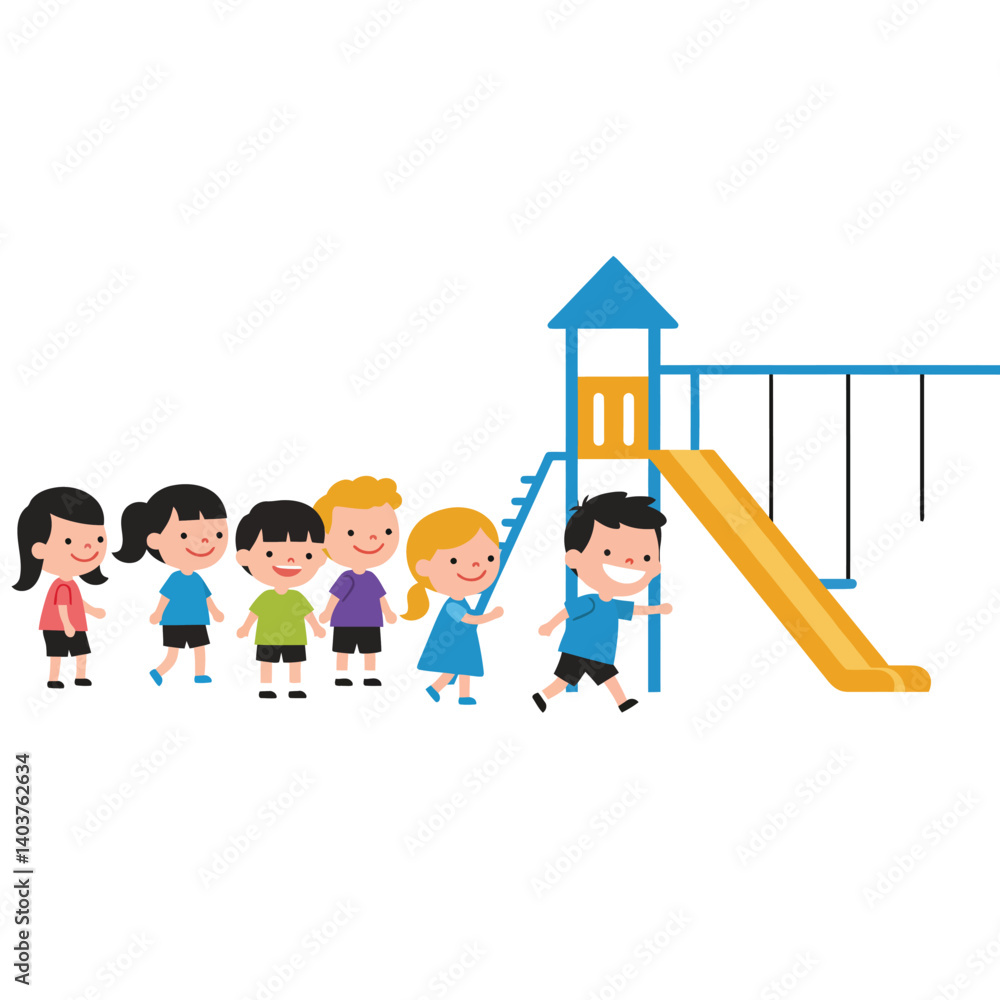 Poster children playing on playground slide in flat design vector art