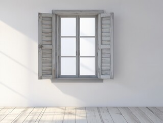 Obraz premium Rustic window with open shutters casting shadows on white wall and wooden floor in bright sunlight