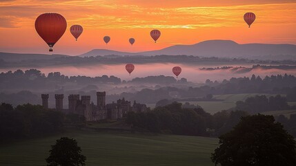 Sunrise Hot Air Balloons over Misty Castle Landscape