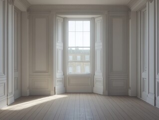 Fototapeta premium Elegant empty room with natural light streaming through window in historic building interior design