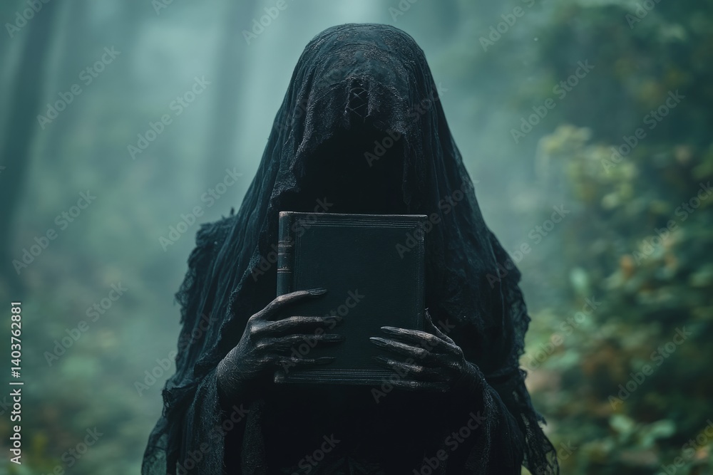 Poster mysterious figure draped in a black cloak holds an ancient book in a misty forest, creating a dark a
