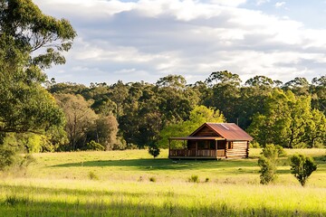 Obraz premium Serene Countryside View with Small Wooden Cabin