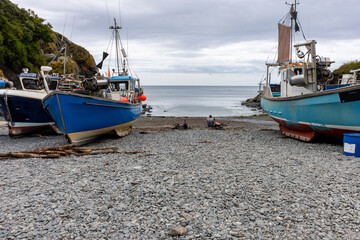 Fishing boats on the beach in the fishing port of Cadgwith Cove on Cornwall’s Lizard Peninsula