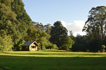 Obraz premium Tranquil Rural Setting Featuring Wooden Cabin and Green Fields