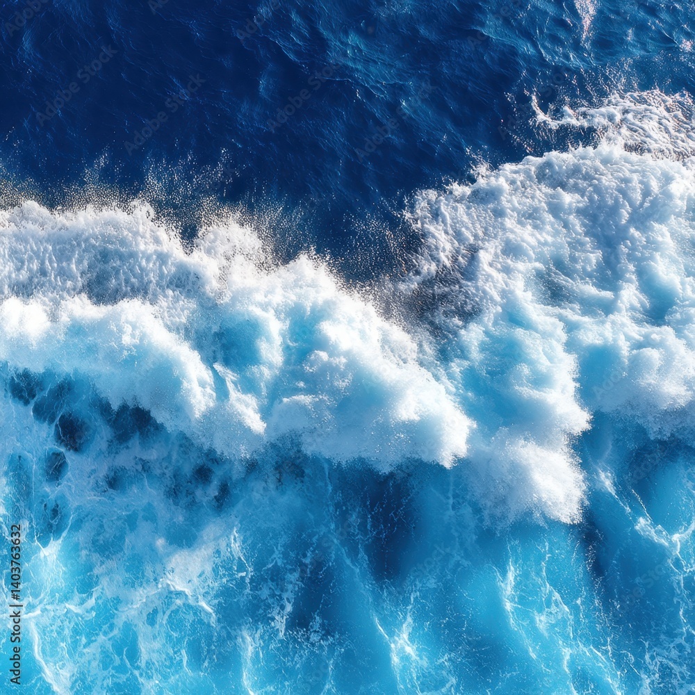 Poster aerial view capturing the dynamic movement of ocean waves with foamy whitecaps and deep blue tones c