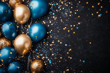 Festive blue and gold balloons creating a celebratory atmosphere on a black background with scattered confetti