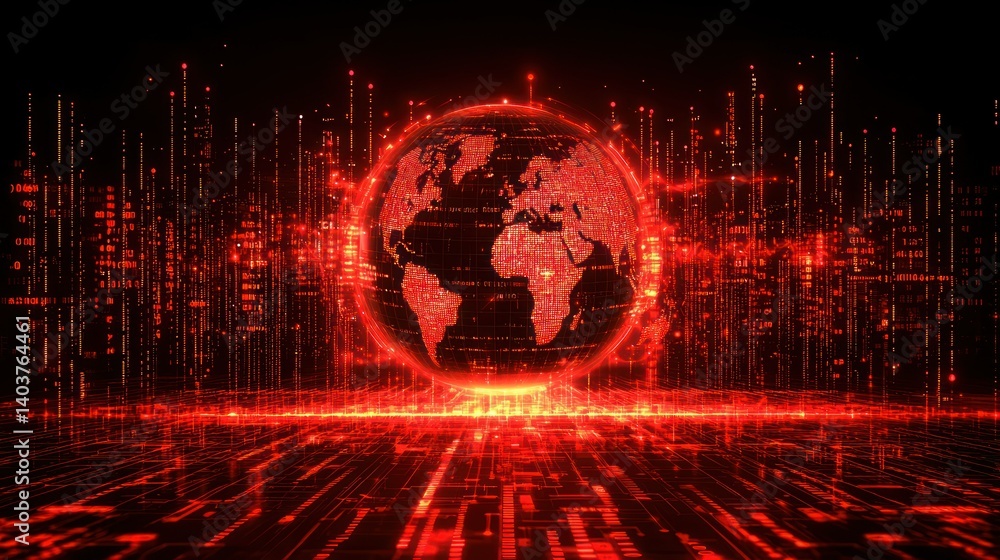 Poster global digital network: a fiery red depiction of the interconnected world, showcasing digital data s