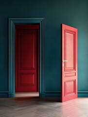 Two Doors in a Room with Wooden Floor and Teal Walls Offering Choices and Opportunities in a Modern Style