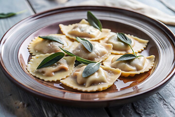 Elegant Ravioli Plate with Sage, Butter Sauce & Grated Cheese.