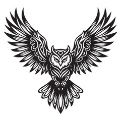 Obraz premium Intricate owl design with majestic wings showcasing detailed lines and patterns in a bold black silhouette Design