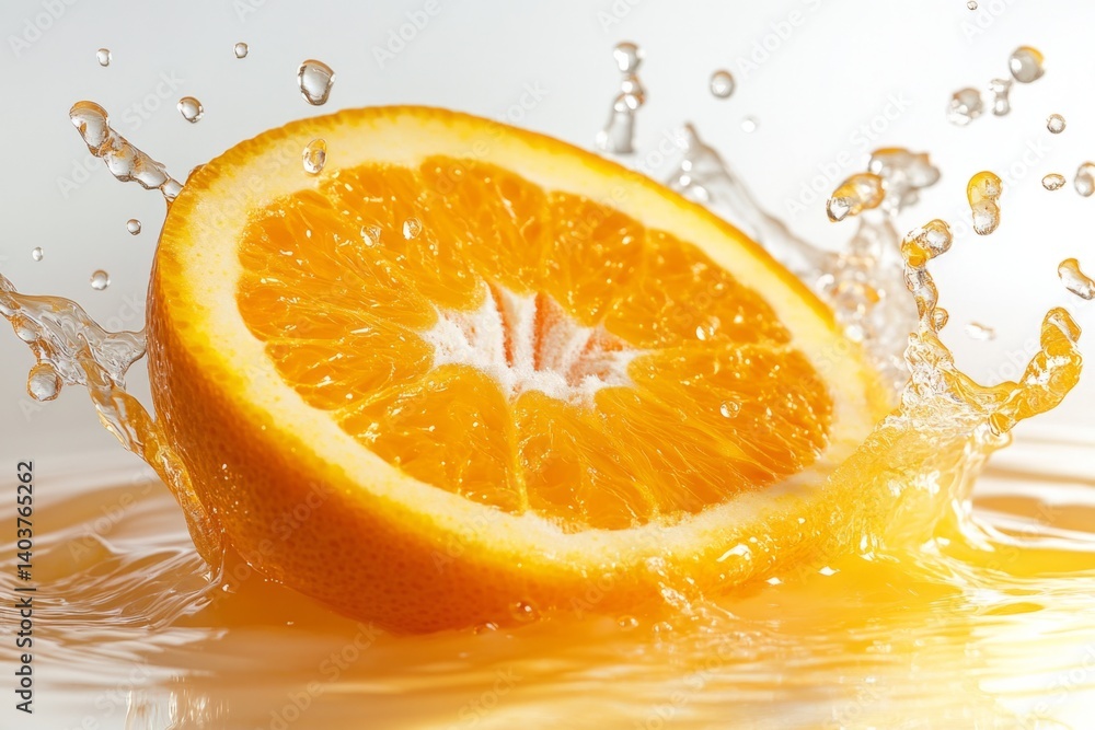 Poster half an orange splashing into orange juice, creating waves and droplets, perfect for illustrating fr