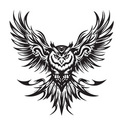Obraz premium Intricate owl design with majestic wings showcasing detailed lines and patterns in a bold black silhouette Design