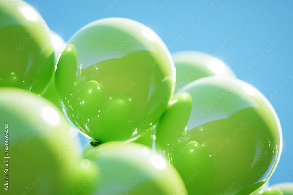 Poster cluster of glossy green spheres merging together on light blue background, creating an abstract and 