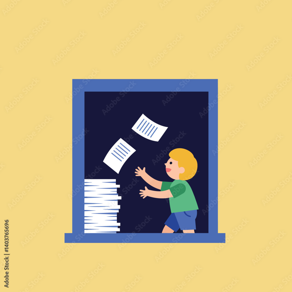 Poster child throwing papers from window in flat vector art style