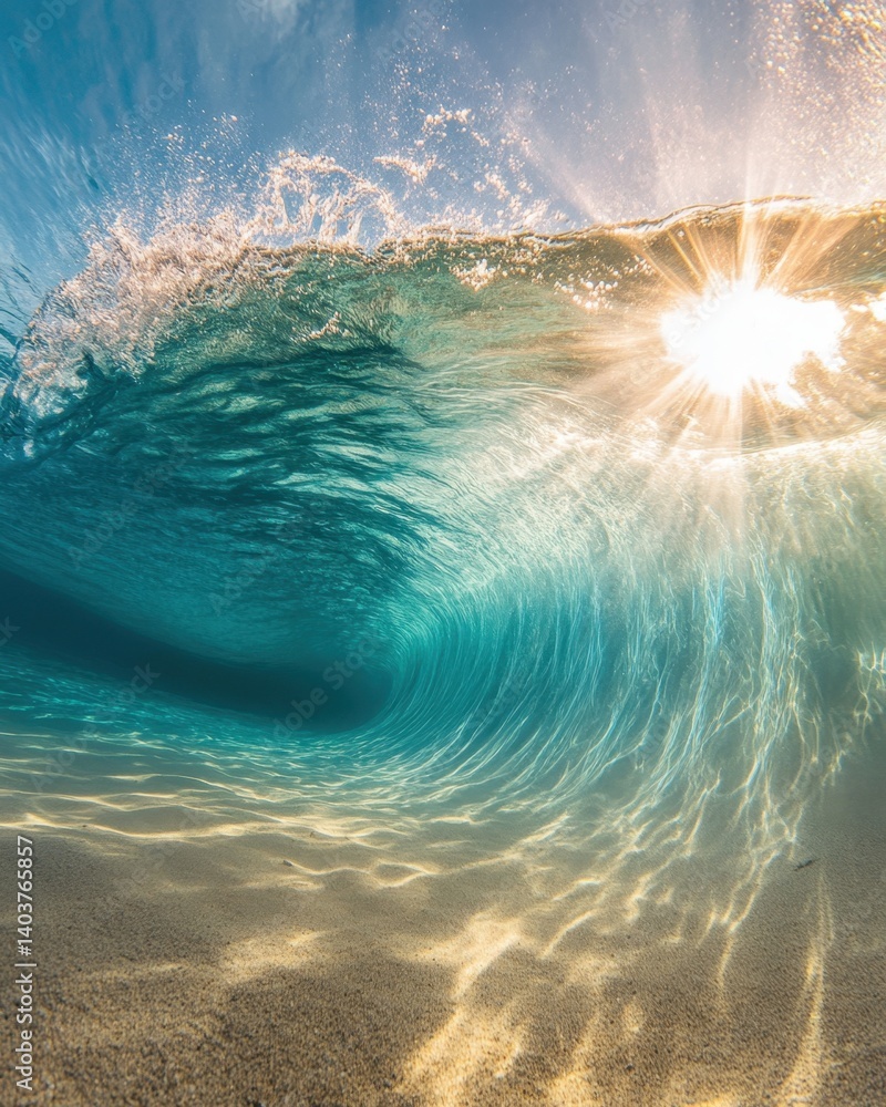 Poster mesmerizing underwater wave rolling towards the sandy seabed with sun rays piercing through the clea
