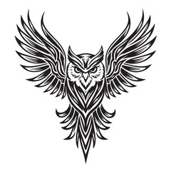 Fototapeta premium Intricate owl design with majestic wings showcasing detailed lines and patterns in a bold black silhouette Design