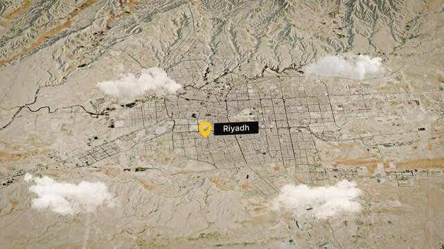 Riyadh Saudi Arabia 3D Satellite Map Animation Realistic Clouds & City Label Overlay