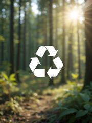 green recycling symbol on blurred forest background, sunlight