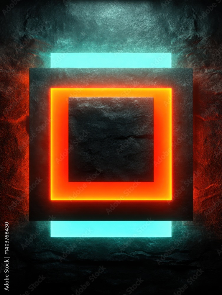Poster abstract geometric design with neon orange square and cyan rectangles on dark stone texture backgrou