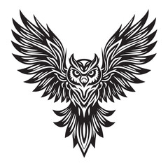 Intricate owl design with majestic wings showcasing detailed lines and patterns in a bold black silhouette Design