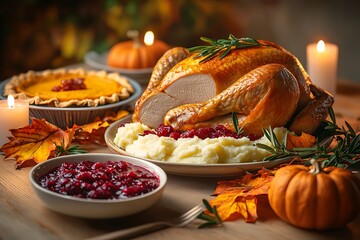Thanksgiving Feast on Wooden Table