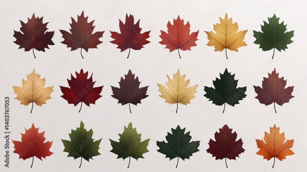 Poster autumnal array of maple leaves in gradient colors on a clean background in a flat lay style for seas