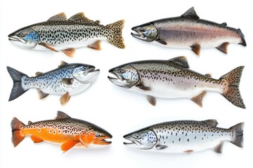 Obraz premium Six Different Species of Freshwater Fish Displayed on a White Background for Culinary and Scientific Purposes Detailed Scales and Fins and Vibrant Colors