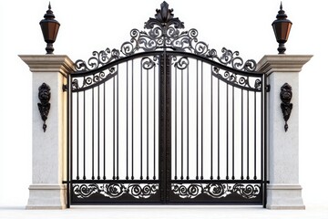 Ornate iron gate with pillars on white background
