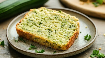 Fresh slice of homemade zucchini bread on ceramic plate, healthy dessert with rustic vibes
