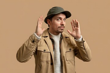 Intrigued man raises hands in questioning gesture with curious expression