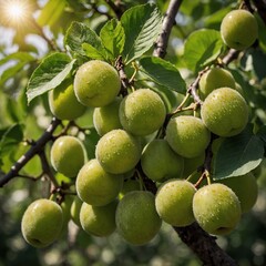 Amidst lush foliage, unripe apricots cluster on sunlit branch. Dew-kissed, their fuzzy green skins hint at ripening potential. Vibrant leaves frame this promise of harvest, evoking essence of summer.