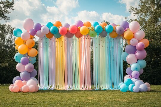Vibrant balloon arch and pastel ribbons creating festive backdrop at outdoor celebration