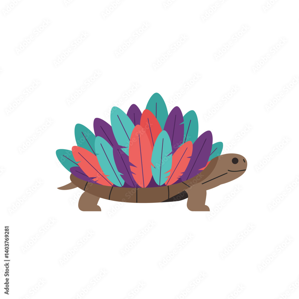 Poster turtle adorned with colorful feathers in flat design vector art