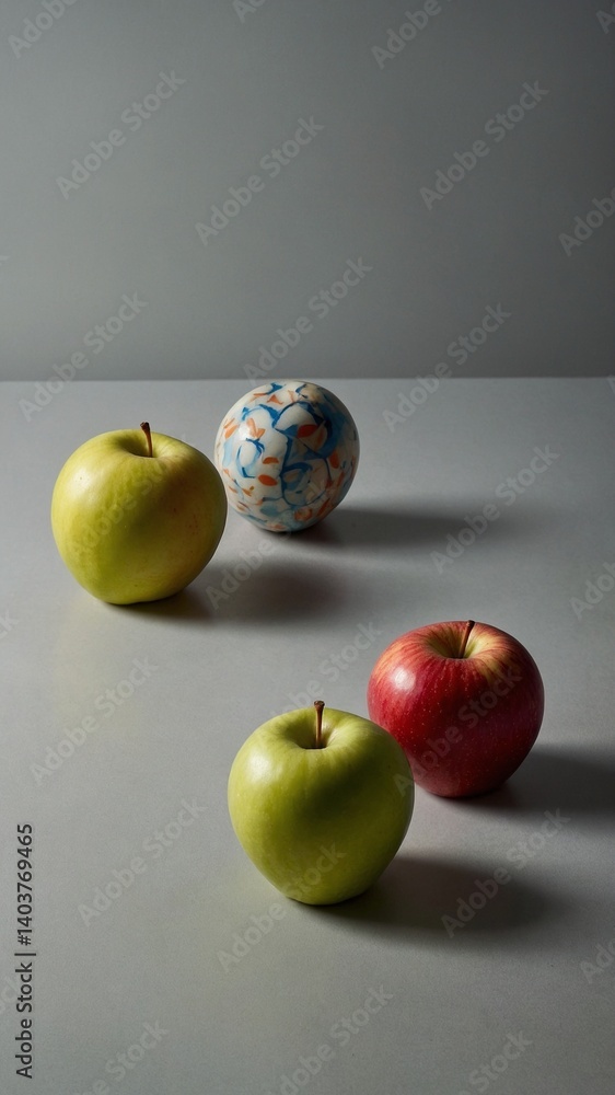 Poster still life composition features three apples, patterned ball on flat surface against neutral backgro