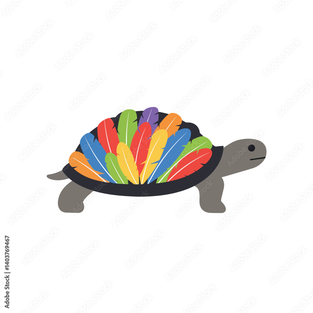Poster colorful turtle with vibrant feathers in flat design style vector art
