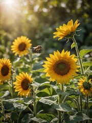 Obraz premium Bee approaches sunflower in field of sunflowers under sunlight, suggesting pollination. Vibrant yellow petals stand tall against soft-focus background, bathed in warm light filtering through leaves.