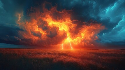 Obraz premium Fiery Lightning Storm Over A Pixelated Landscape