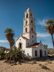 White church with tall bell tower stands under clear blue sky, surrounded by palm trees, desert vegetation. Architecture features arched doorways, cross atop facade.