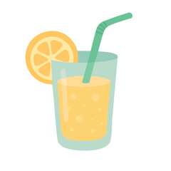 Cartoon vector glass of lemonade with straw and lemon slice in bright summer colors.