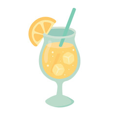 Vector cartoon glass with summer cocktail, ice cubes, lemon slice and green straw.