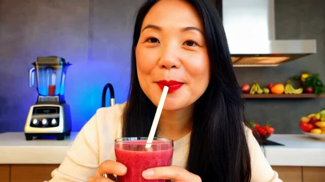 A cheerful East Asian woman with long black hair sips a colorful smoothie through a straw, surrounded by fruits in a stylish kitchen setting