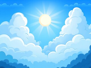 Cartoon Sky Landscape with Sun Bursting Through Fluffy Clouds Creating a Peaceful and Serene Atmosphere in Bright Blue