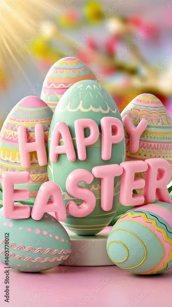 Poster vibrant pastel-colored eggs display intricate patterns while cheerful letters spell out a joyful gre