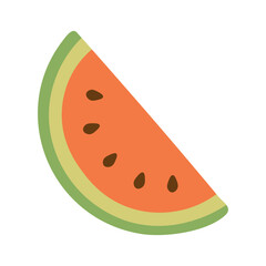 Bright cartoon watermelon wedge in flat doodle style. Cute and juicy tropical summer fruit.