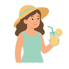 Smiling girl in summer hat holding refreshing lemonade in flat cartoon beach style.
