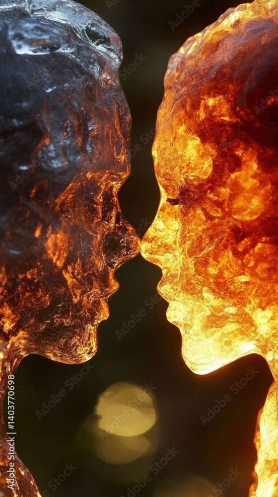 Poster captivating macro shot of ice and fire faces in a kiss profile view creating a dramatic contrast aga