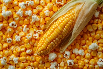 Fresh corn cob lying on a surface of popcorn and corn grains, creating an interesting food background