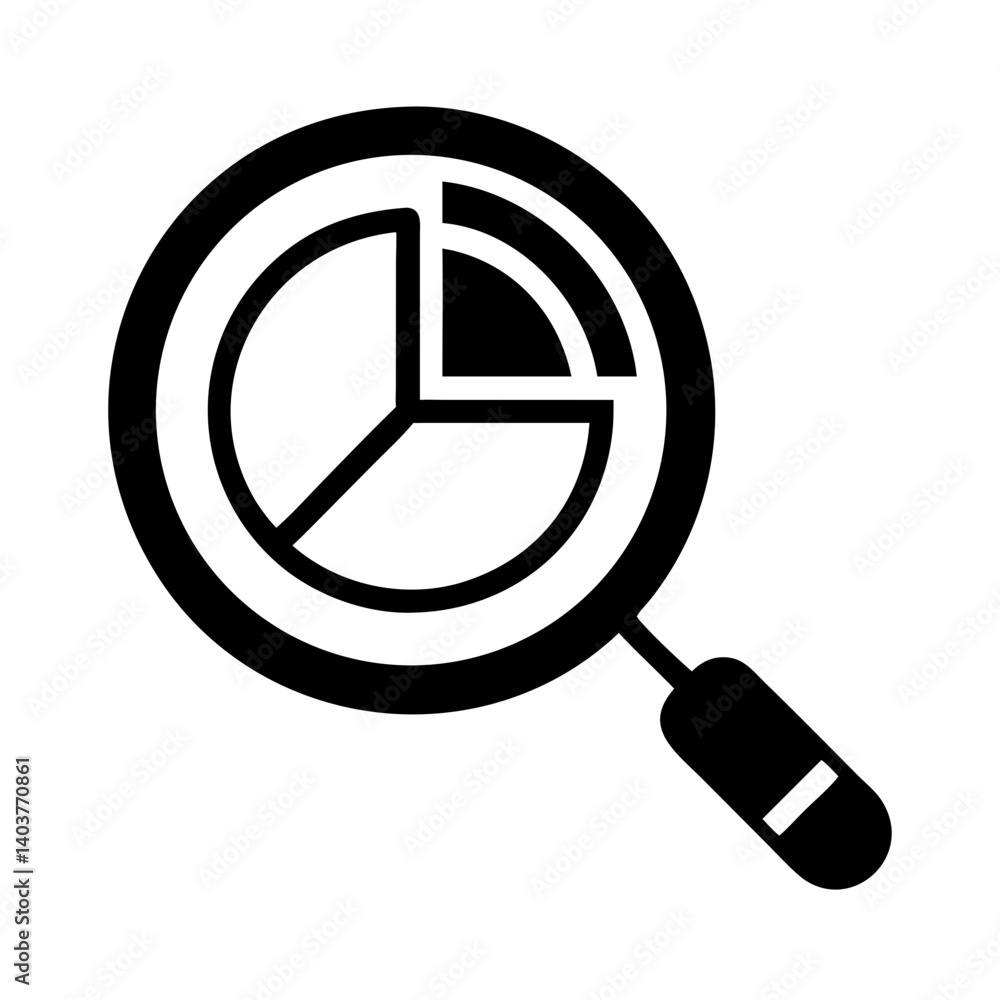 Poster magnifying glass with pie chart icon representing data analysis and research