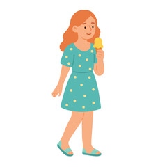 Smiling girl in summer dress walking with an ice cream cone on a sunny day.