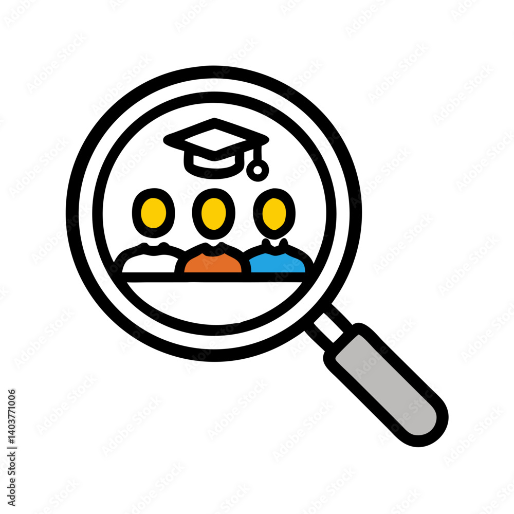 Poster Magnifying Glass with Students Icon Representing Research and Learning Exploration